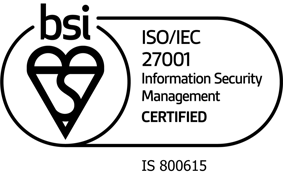 Certification badge from BSI showing ISO/IEC 27001 Information Security Management certification. Includes BSI logo and cert number IS 800615.